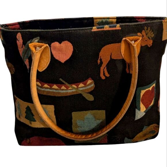Vintage Women's Black Tapestry Nature‎ Woodsy Theme Bag Boho - Picture 1 of 5
